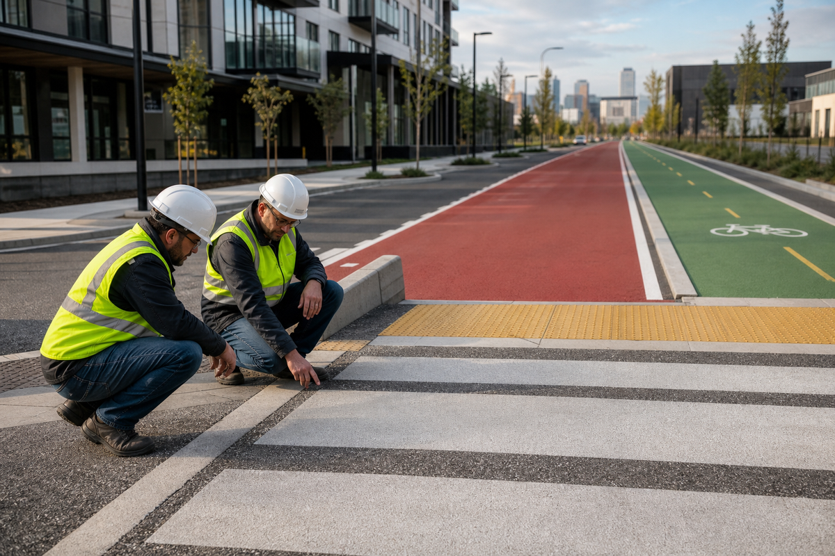 Engineers inspecting a colored asphalt corridor with red transit and green bicycle lanes