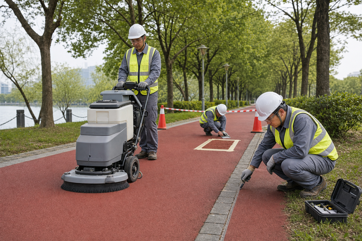 Maintenance crew cleaning and completing a small repair on a red colored pavement path