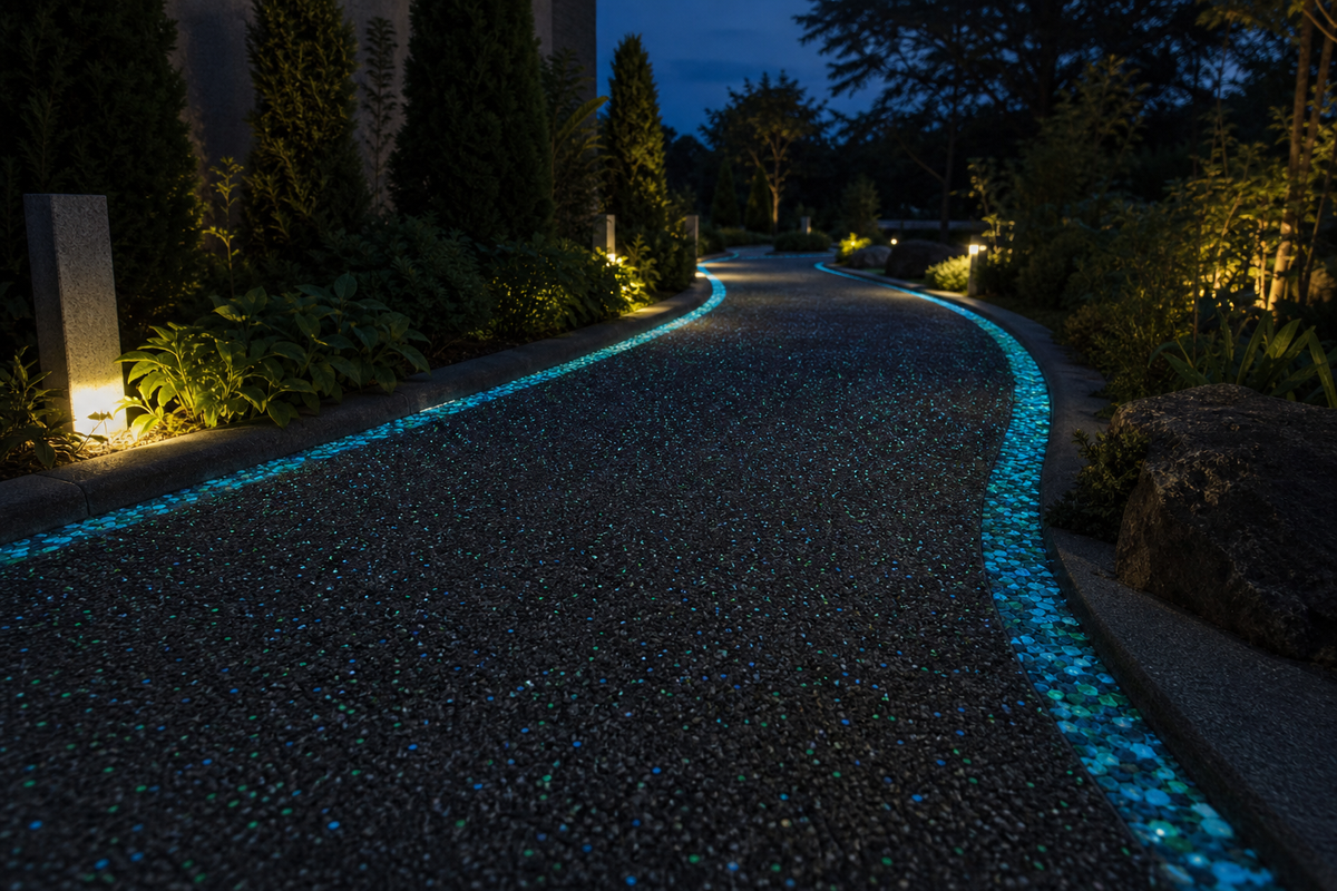 Blue-green luminous stones defining the edge of a landscaped pedestrian path at night