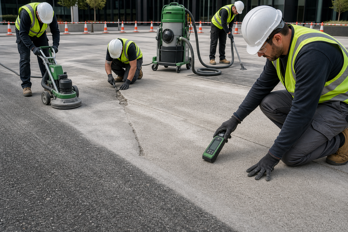 Crew preparing and repairing a pavement substrate before colored surfacing installation