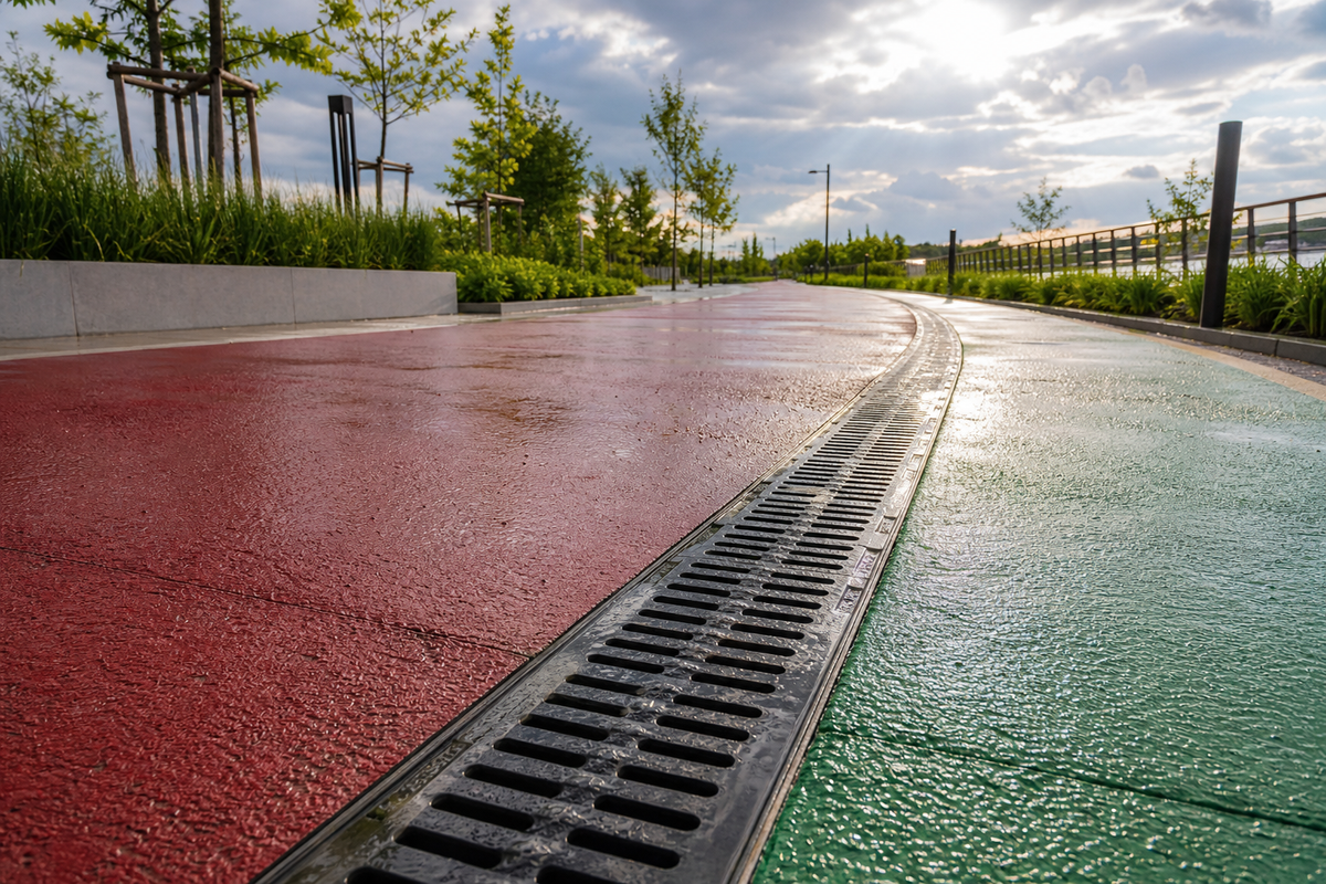 Red and green colored pavement draining after rain through a linear channel