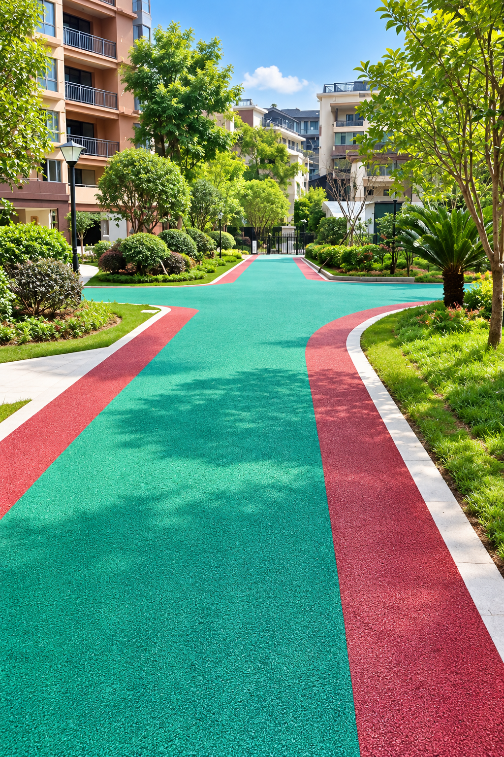 Revêtement coloré antidérapant en MMA pour parcours de fitness verts et pistes cyclables urbaines