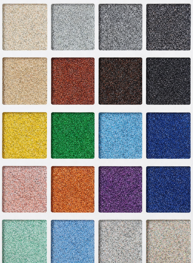 Zelfnivellerende epoxyvloer met gekleurd zand — kleur- en afwerkingsopties